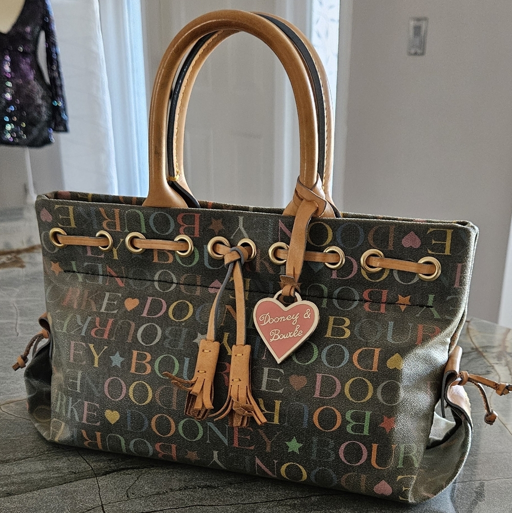 Dooney & Bourke Multicolor Logo Drawstring Tote | Y2K | Leather Trim